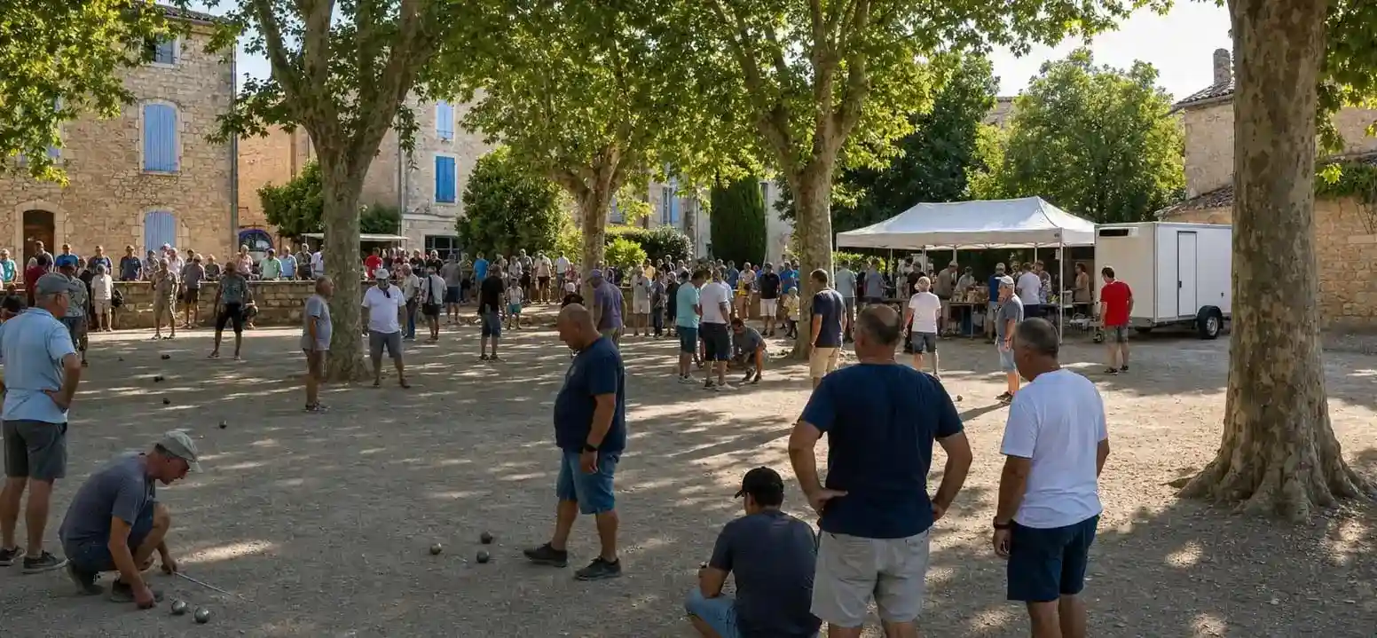 Tournoi de pétanque dans un village de l'Aude avec une buvette et une remorque frigorifique en retrait